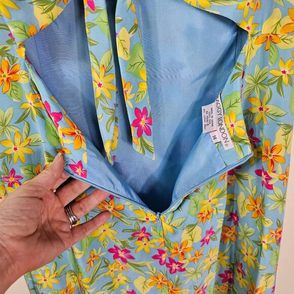 Maggy London Silk Vibrant Floral Maxi Dress 14 Sleeveless Back Cutout Tie Detail - Picture 11 of 11